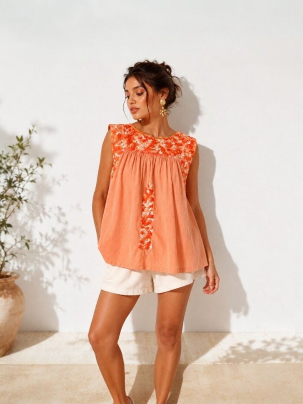 Mi Golondrina Mexico Peach Orange Embroidered Cotton Blouse Top Small Boho